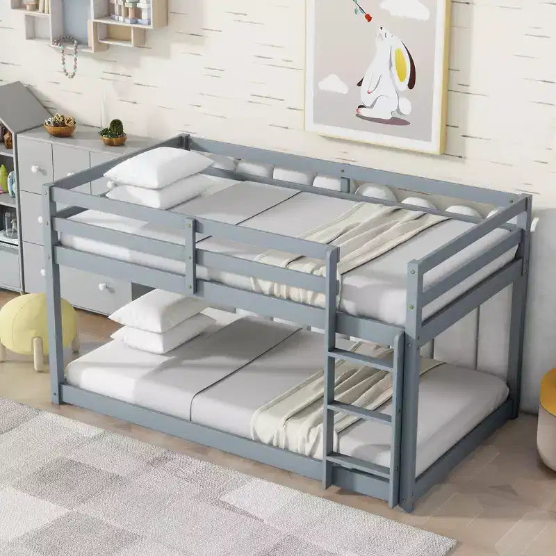 MATEERTY Solid Wooden, Twin Floor Bunk Bed wit Ladder, Upper and Bottom Bed Platforms Crafted with Stregthened Slats Gray