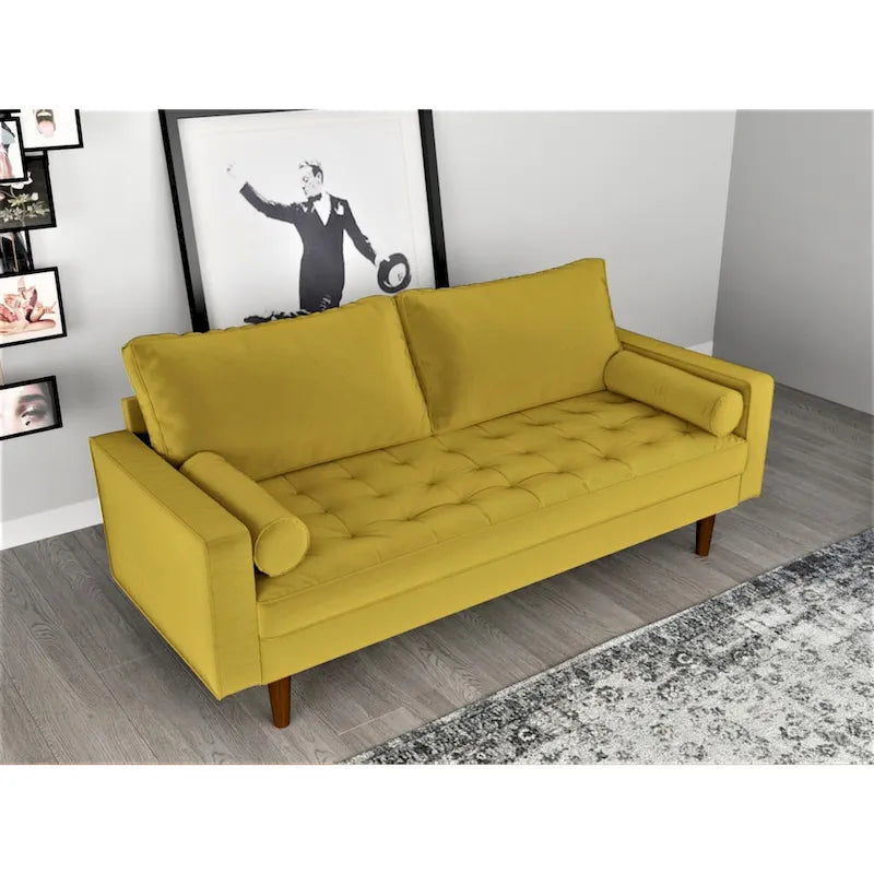 Mid-Century Modern Faux Leather Sofa with Track Arms