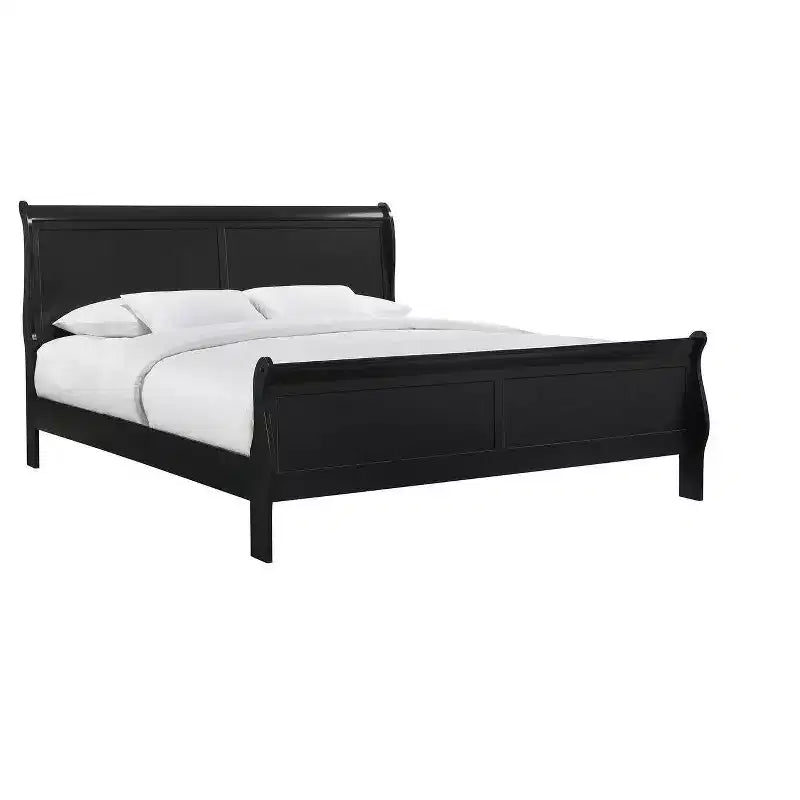 King Sleigh Bed Solid Wood Youth Bed Frame, Low Profile Safe Design for Kids Room, Black