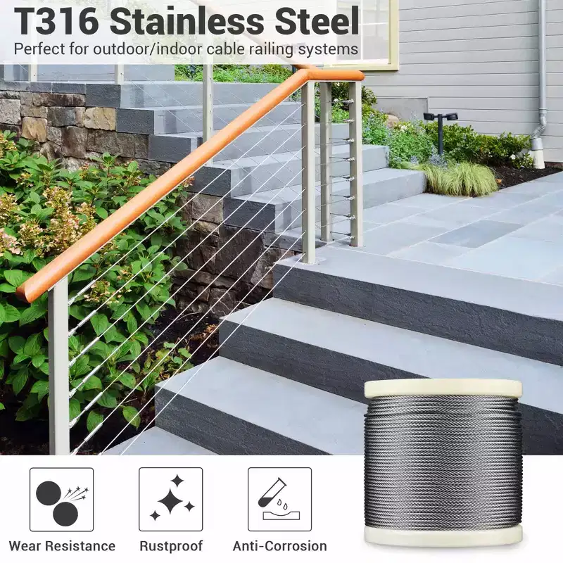 Yescom 500 Ft 1/8 T316 Stainless Steel Cable Wire Rope 7x7 Aircraft Strand Railing Decking Coil & Reel