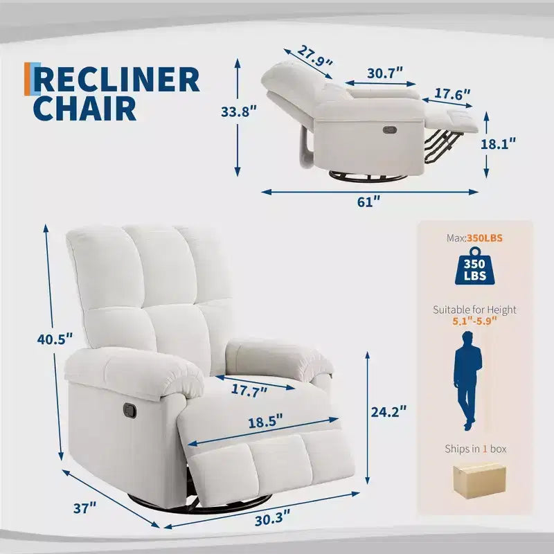 Coolmee Manual Recliner Sofa Chair, 360 Degree Swivel Rocker Glider Recliner with Padded Armrests, Upholstered Reclining Chair for Living Room