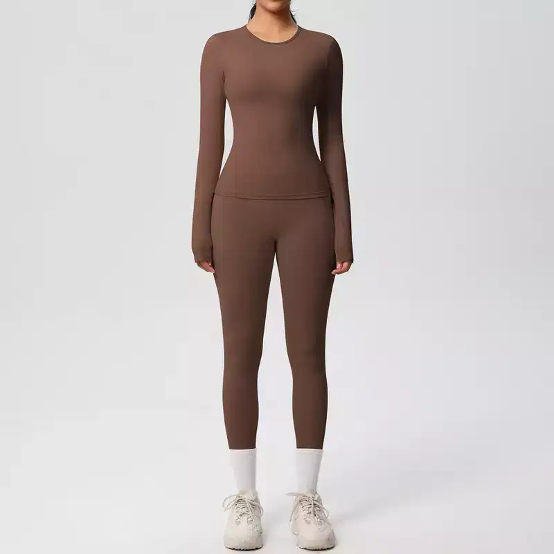 Anna-Kaci Active Women's Long Sleeve Crew Neck Top and High Waist Leggings Set with Slim Fit Design