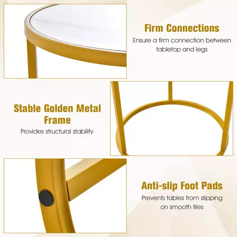 Costway 2PCS Marble Top Round Side Table 19.5x19.5 End Table w/Golden Metal Frame Gold