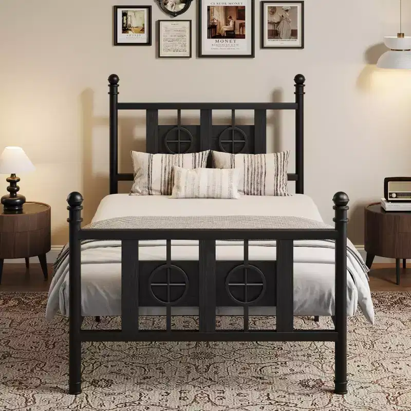 Sturdy Metal Bed Frame with Vintage Circular Design  Platform with Headboard & Footboard  Under-Bed Storage  Noise-Free, Easy Assembly