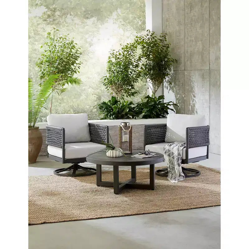 International Concepts 3pc Woven Abaca Rope Outdoor Patio Conversation Furniture Sets with Coffee Table & 2 Swivel Chairs: Aluminum Frame