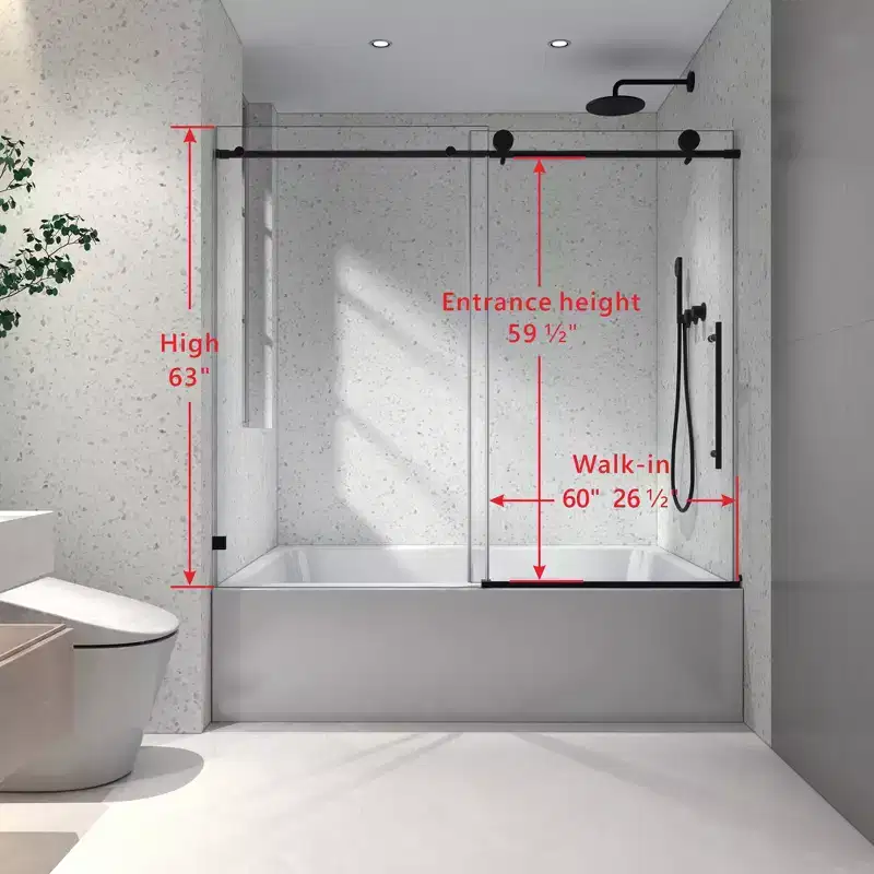 PexFix 63 in.x 60 in. Frameless Single Sliding Shower Door 8mm Tempered Glass With Adjustable Soft Closing Design for Spa Bathroom Clear Matte Black