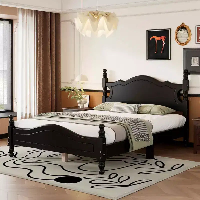 MAYEERTY Full Size Retro Wood Platform Bed Frame with Wooden Slat for Bedroom Black