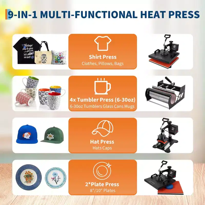 Heat Press Machine 15x15 with Tumbler Attachment, 9 in 1 Combo Heat Press for T-Shirts and Tumblers