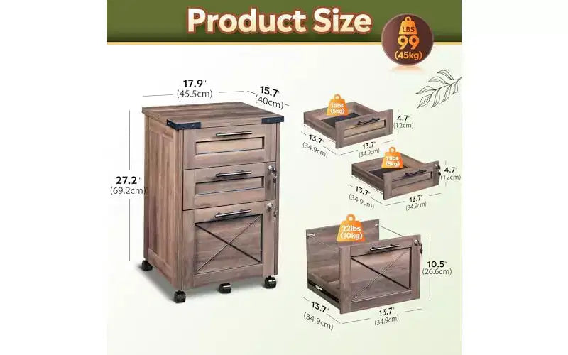 3-Drawer Rolling File Cabinet �C Hanging Files, Farmhouse Style, Home Office
