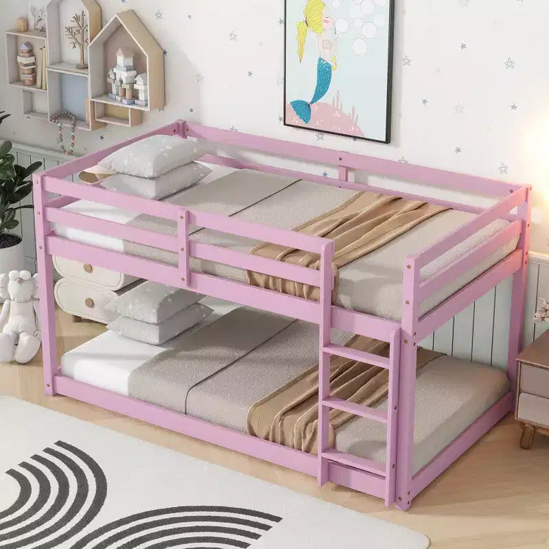 Twin Floor Bunk Bed with Ladder �C Solid Wood, Pink