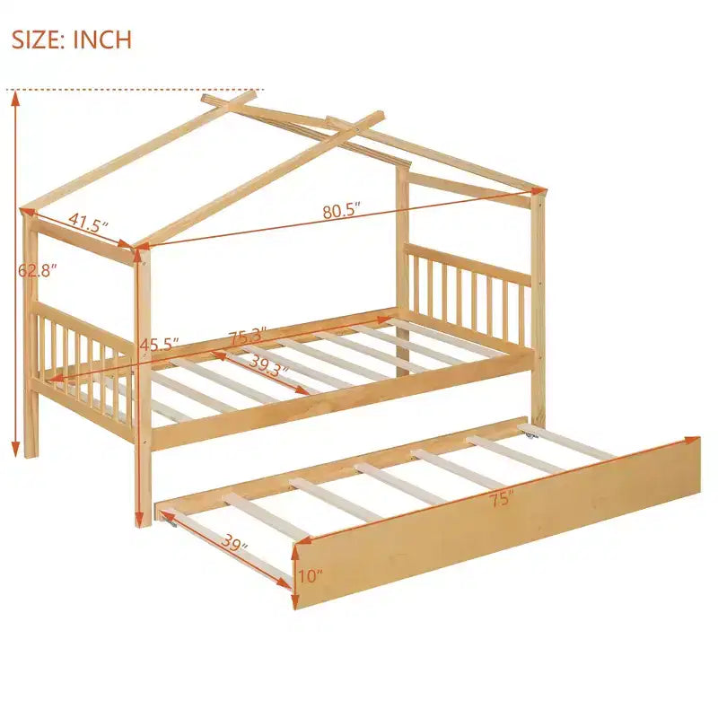 Luxystar Twin Size Wooden House Bed with Trundle for Kids' Room