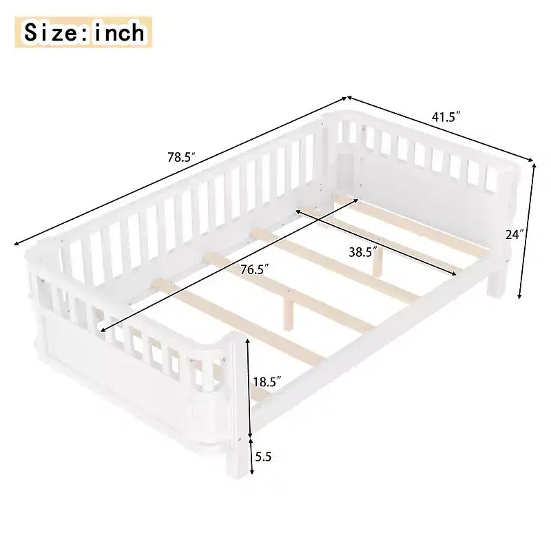 Bellemave Twin Kids Platform Bed with Detachable Safety Guardrail, Rounded Corners, Sturdy Wood Frame, Open Side Design, Easy Assembly, White