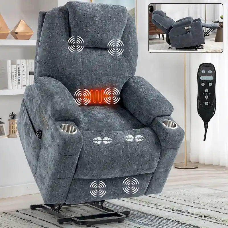 Power Lift Recliner | 8-Point Massage | Lumbar Heat | Dual USB | Steel Cup Holders | Blue