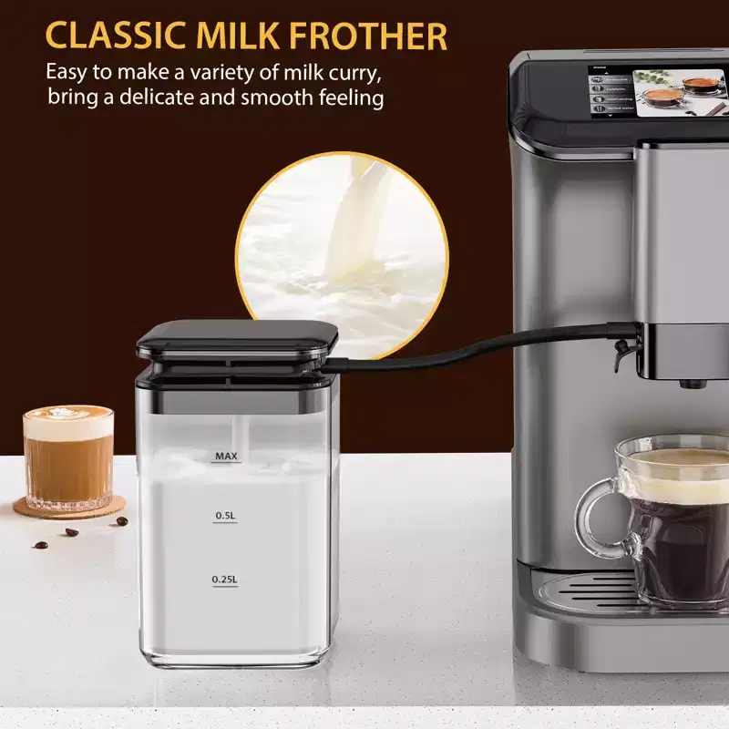 Espresso Machine, 20 Bar Pump with Milk Frother, Fully Automatic Espresso Coffee Maker Built-in Burr Grinder, Milk Container, Intuitive Touch Display