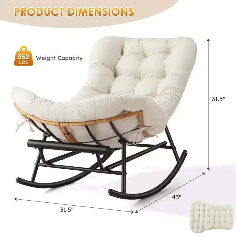 Papasan Rocking Wicker Chair with Thick Removable Cushion and Metal Frame,Lounge Sofa Chairs for Patio, Garden, Lawn, Living Room