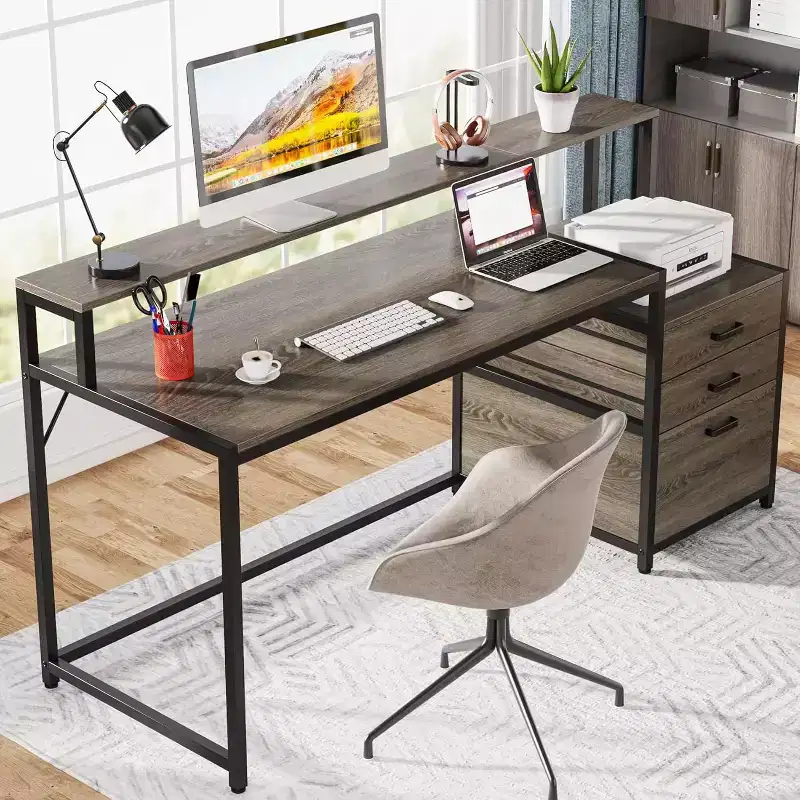 Lantine 63 Inch Industrial Computer Desk with File Drawer, Monitor Stand, Printer Space, Ergonomic Office Workstation for Home Office.