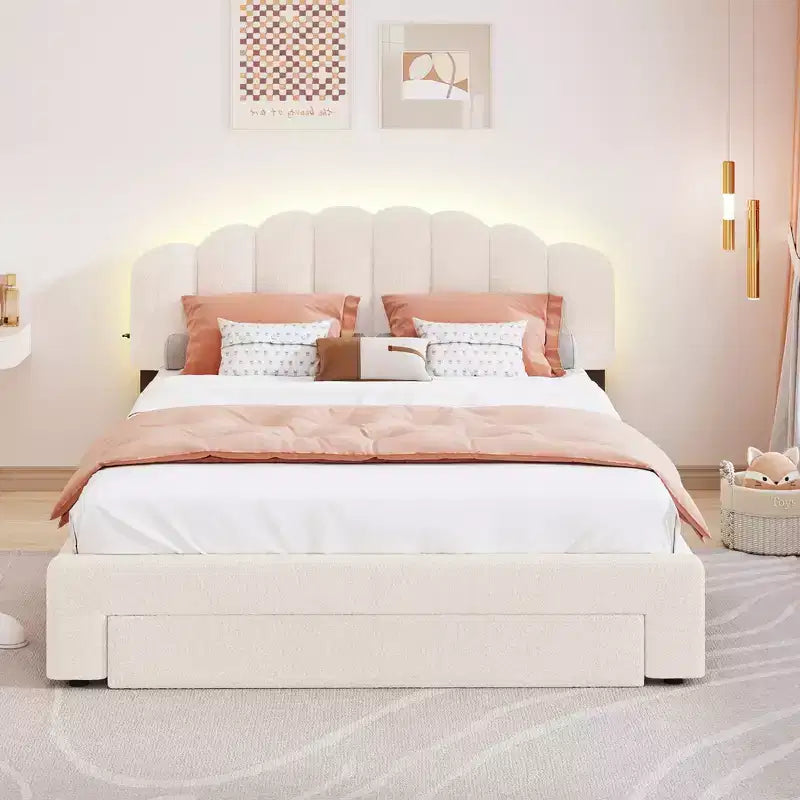 Queen Size Upholstered Teddy Fleece Platform Bed with USB Ports and Drawer-ModernLuxe