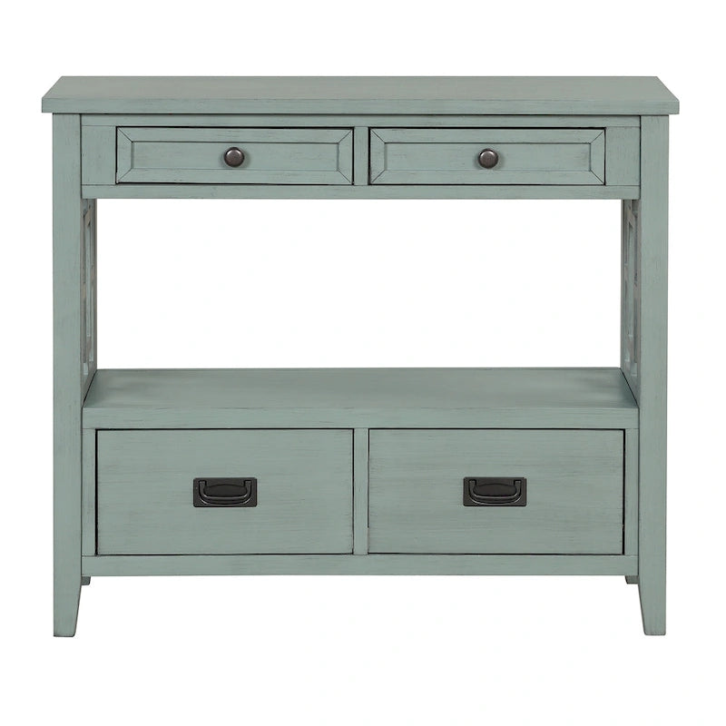 36 in. Farmhouse Pine Wood Console Table with 4 Drawers and Open Shelf