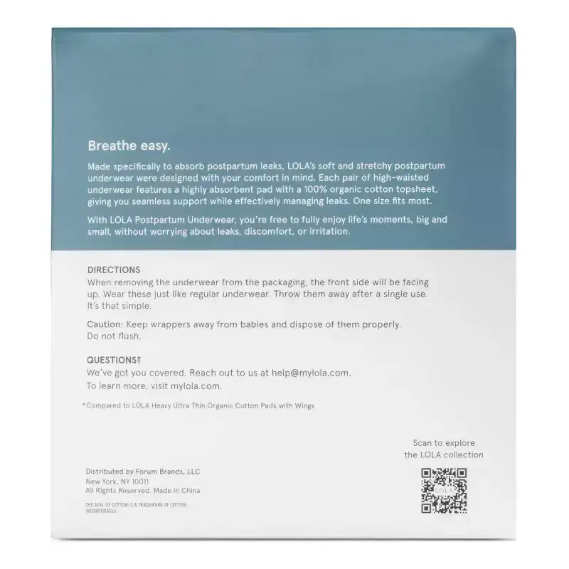 LOLA Postpartum Underwear with Organic Cotton Maxi Pad - 10ct: Maximum Absorbency, No Fragrance Added, One Size Fits Most, 26-44 Waist Size