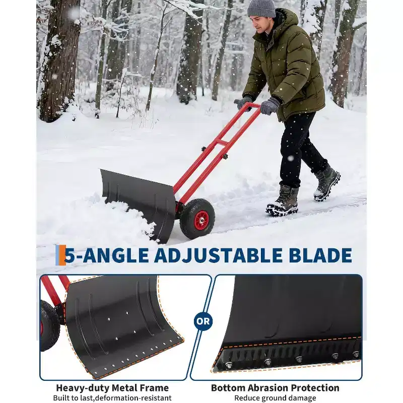 Snow Shovel with Wheels, 5-Position Angled Blade & Rubber Wheels, Heavy-Duty Back Saver Steel Snow Plow , Double Rod, 29 W X 16.5 H