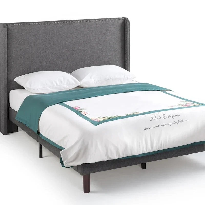 Dark Grey Upholstered Wingback Platform Bed with Nailhead Headboard – Full, Queen or King