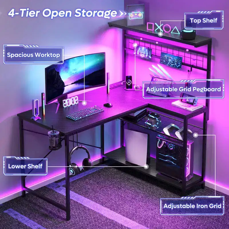 Bestier 42''Gaming Desk,L Shaped Computer Desk with Power Outlets&LED Lights, Reversible Corner Desk with 4-Tier Shelves,Cup Holder,Carbon Fiber Black