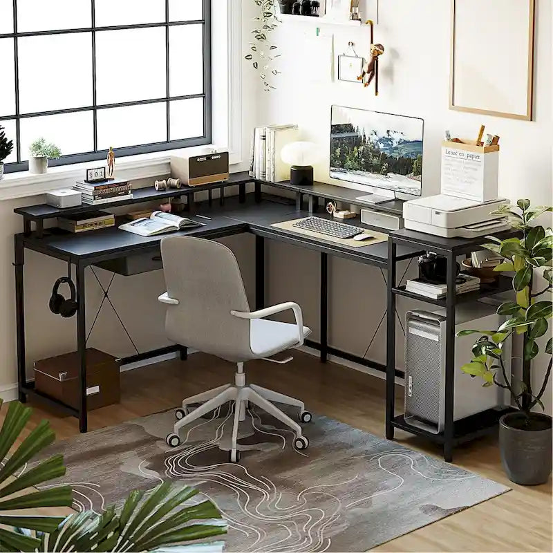 L-Shaped Desk with LED Lights & Power Outlet