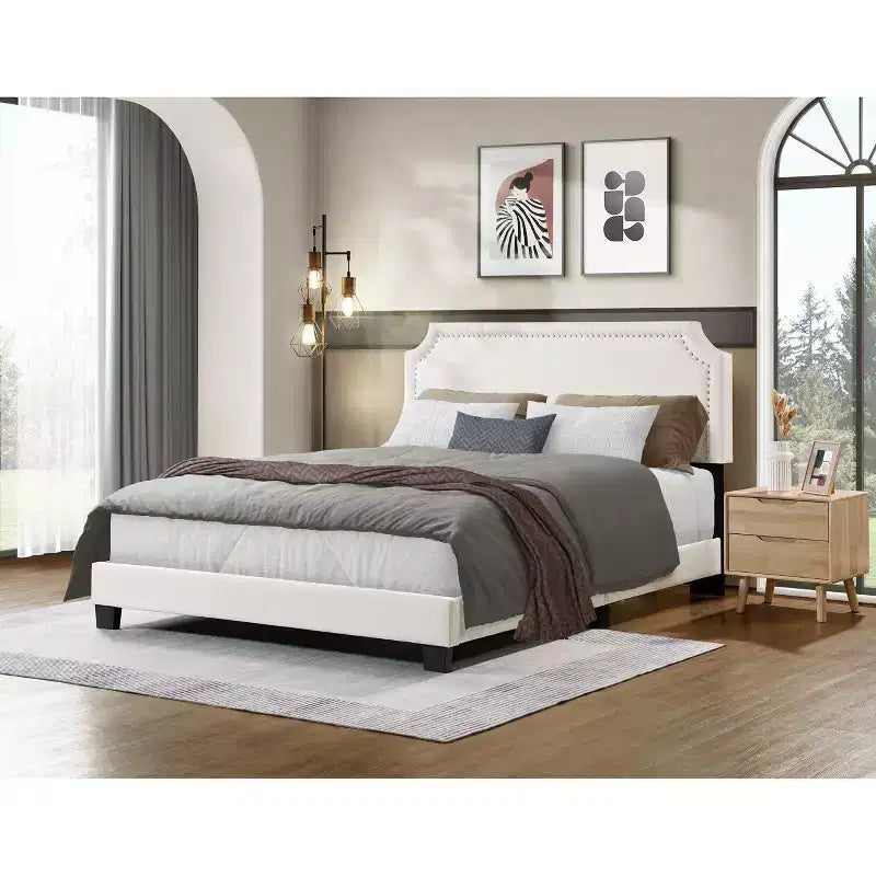 Okak Queen/Full Size Primary Bedroom Bed Frame with Linen Upholstered Headboard,Modern Platform Bed No Box Spring Needed