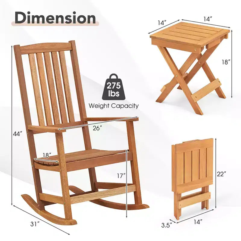 Costway Wood Folding Square Table & 2pcs Rocking Chair Set with Slatted Seat & Tabletop