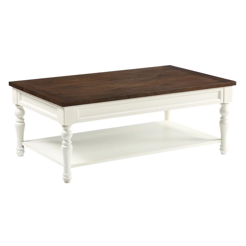 Two-tone Ivory and Mocha Wood Coffee Table with Lower Shelf