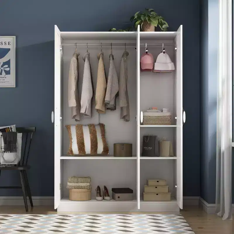 White 3-Door Wardrobe with Floral Ceramic Handles – Hanging & Storage Zones
