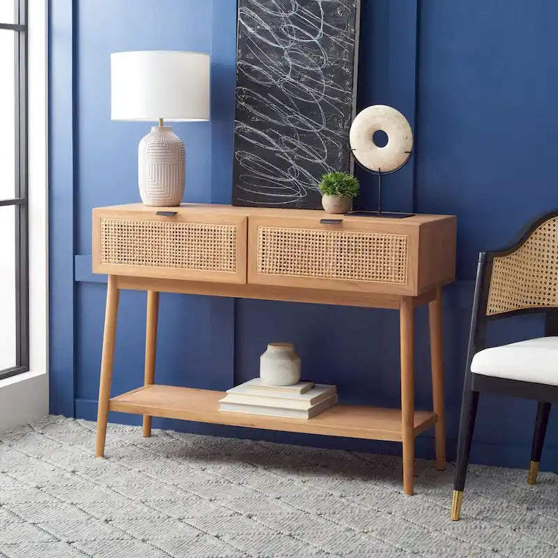 2-Drawer Rattan Console Table with Lower Shelf, Natural and Black
