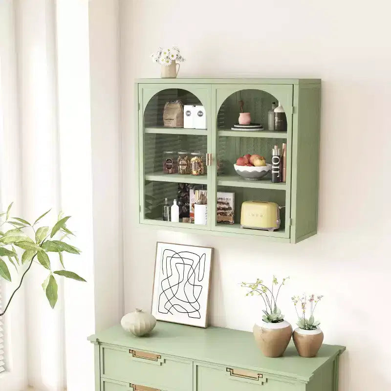 MAYEERTY 27.56 Glass Doors Modern Two-door Wall Cabinet with Featuring Three Tiers Storage Woven Pattern for Bathroom Living Room Green