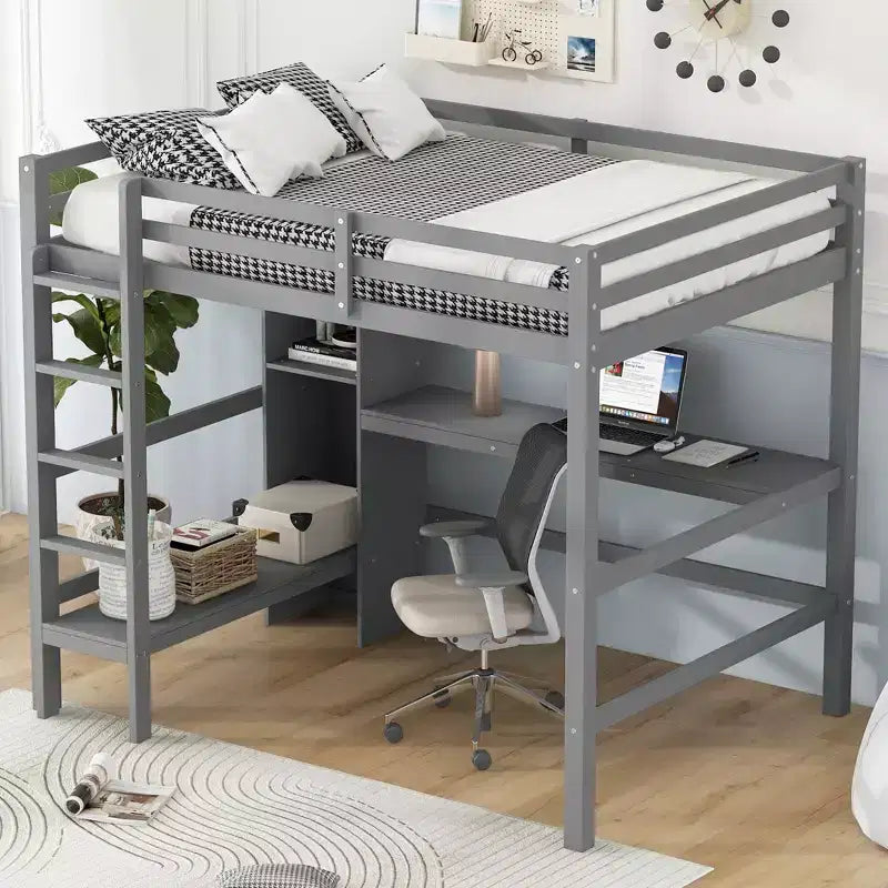 Full Size Loft Bed with Built-In Desk & Multifunction Shelves - Pine Wood