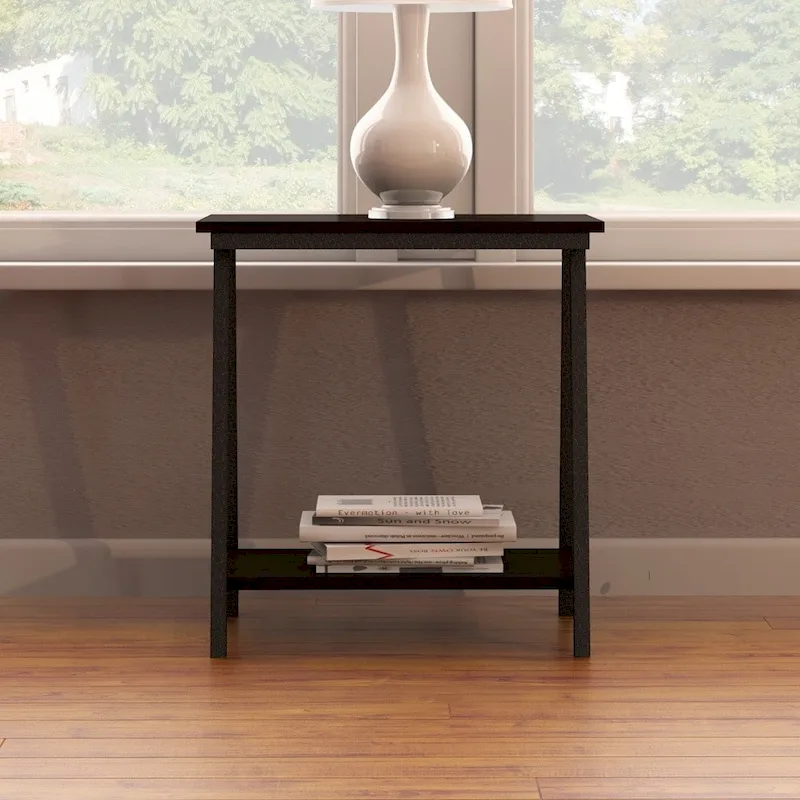 Narrow Wood Side Table with Metal Frame and Lower Shelf