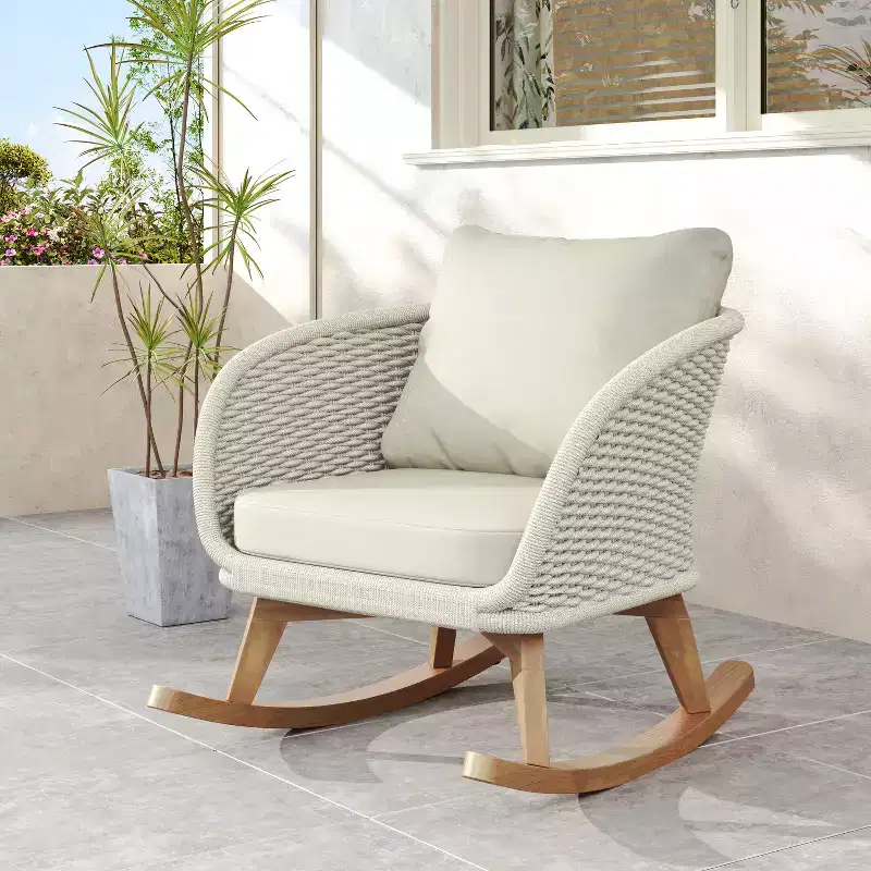 29.5-inch Contemporary Wicker Rocking Chair with Polyester Cushions, Wooden Frame, Generous Seat, Smooth Rocking Motion for Indoor or Outdoor