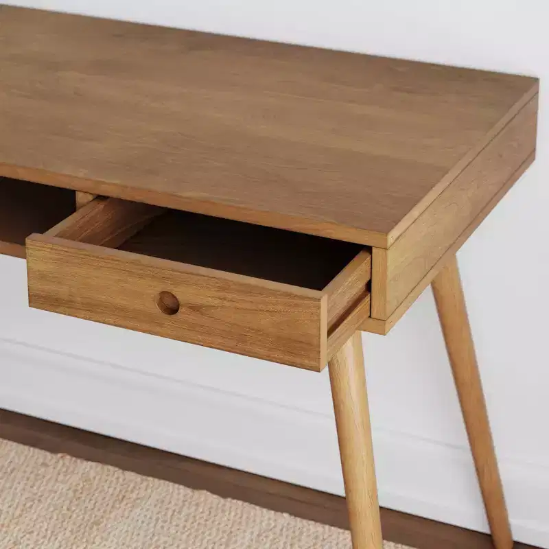 Parker Mid-Century Desk with Drawer Acacia Light Brown: MDF Top, Solid Wood Legs, Home Office Furniture