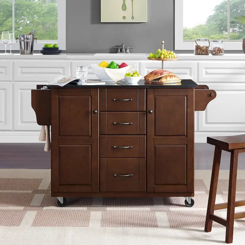 Eleanor Black Granite Top Kitchen Cart - 18d x 51.5w d 35.25h