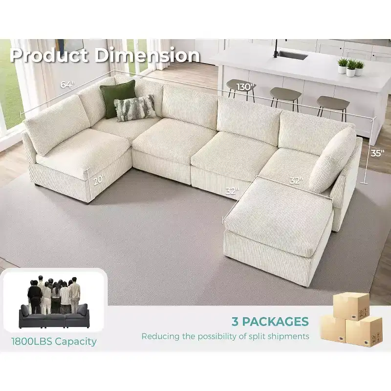 AMERLIFE Oversized Modular Sectional Sofa with 32 Deep Seat, 6-Piece Convertible U/L/S Couch