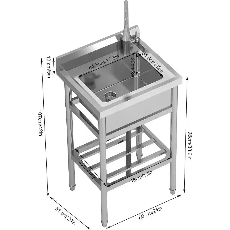 24x20x42 Stainless Steel Utility Sink,Freestanding Single Bowl with Hot & Cold Water Faucet, Commercial Kitchen Laundry Bathroom Garage Garden Sink