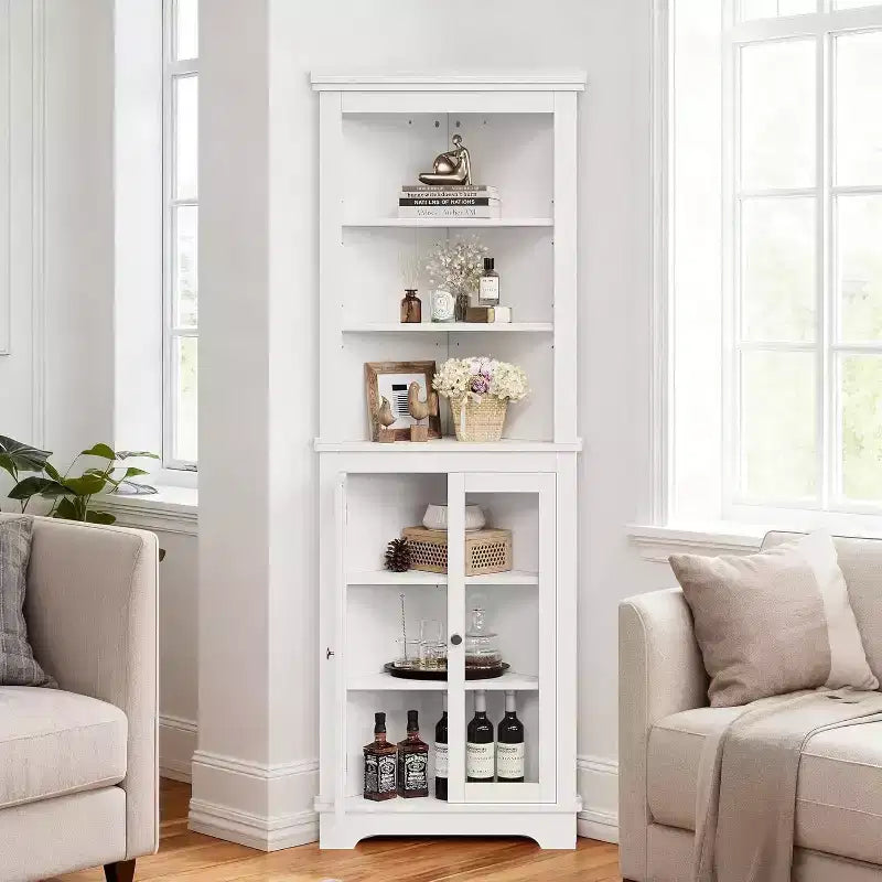 Corner Cabinet with Glass Doors, Adjustable Shelves Freestanding Tall Bathroom Kitchen Storage Cabinet for Small Spaces, White Modern Organizer