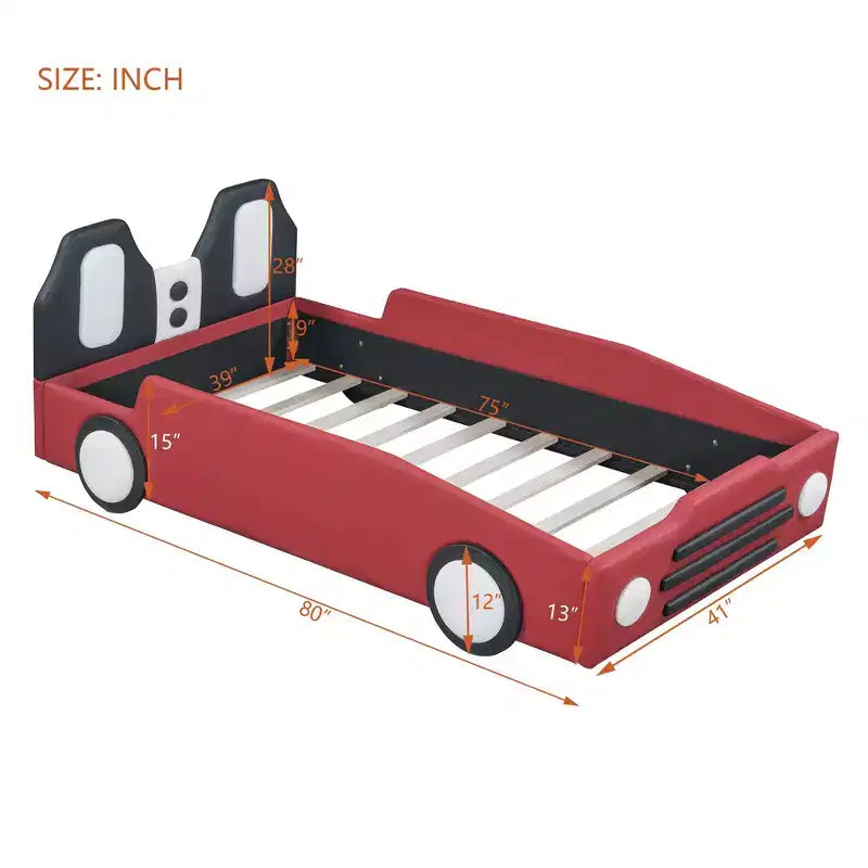 Twin Size Race Car-Shaped Platform Bed with Guardrail for Kids' Room