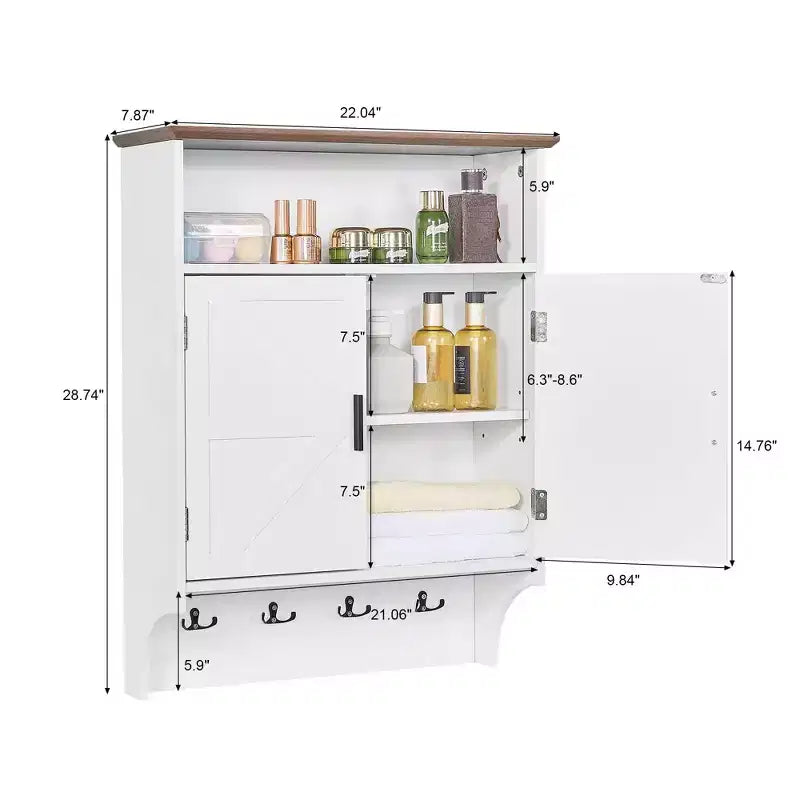 VECELO Wall-Mounted Bathroom Cabinet, Space-Saving Bathroom Storage Cabinet with Adjustable Shelves & Hooks for Bathroom or Entryway, White