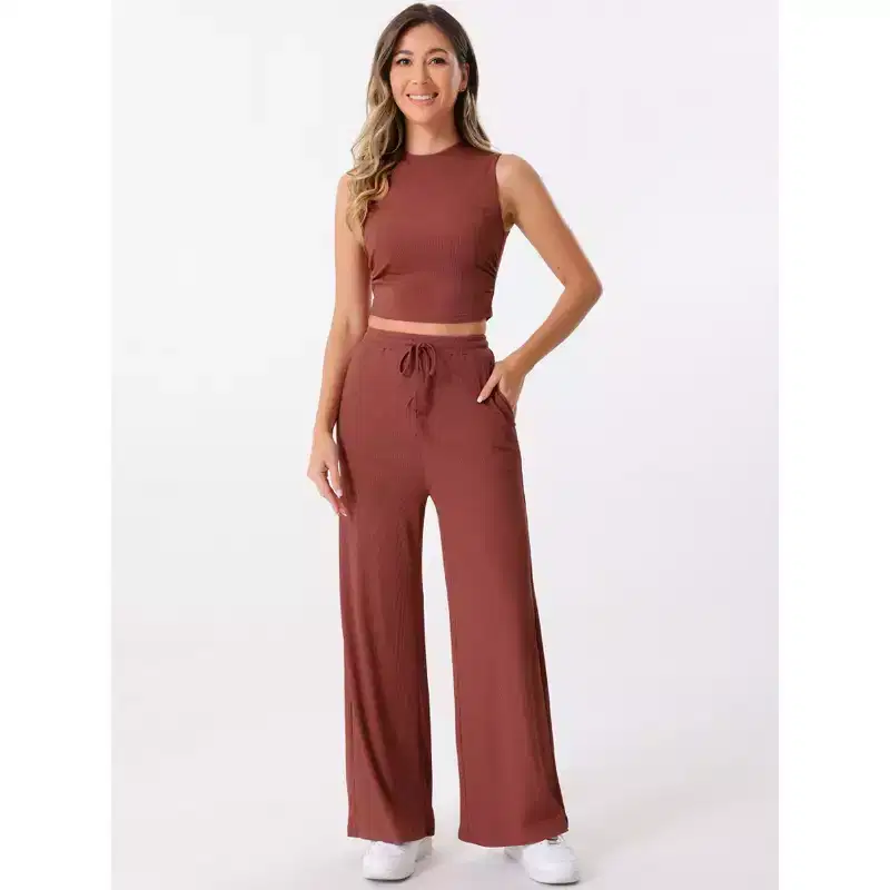 Allegra K Women's 2 Piece Crew Neck Sleeveless Crop Tank and Wide Leg Pants Summer Lounge Set