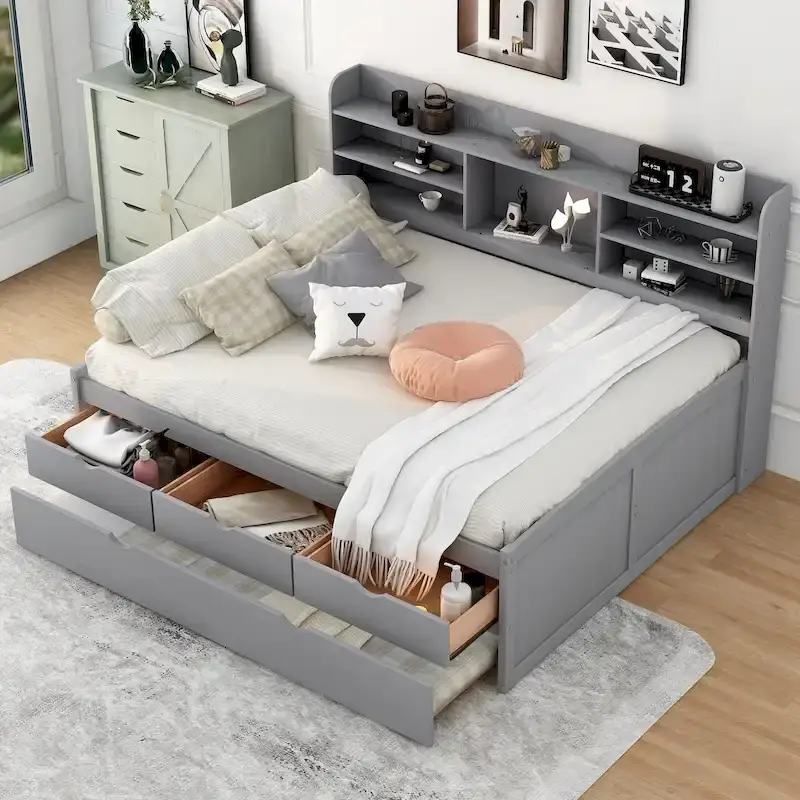Full Pine Captain Bed with Shelves, Drawers & Trundle