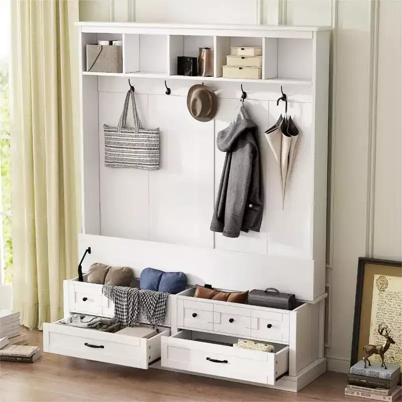 Okak Elegant Hall Tree with 5 Hooks, Wide Coat Rack with Lift-Top Storage Bench and 2 Drawers, Coat Tree for Living Room, Hallway, White