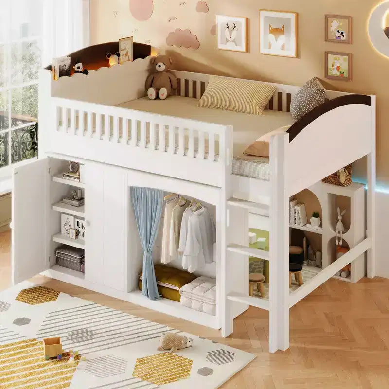 GDFStudio Bishop Loft Bed with Storage Cabinet, Wardrobe and LED