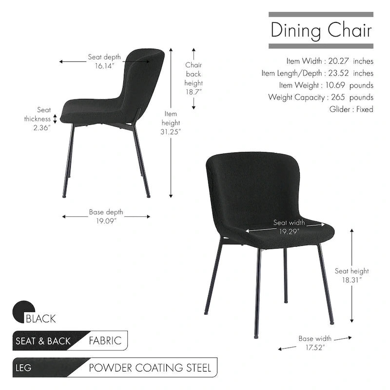 Fabric Upholstered Armless Dining Chairs with Powder-Coated Steel Legs, Set of 2