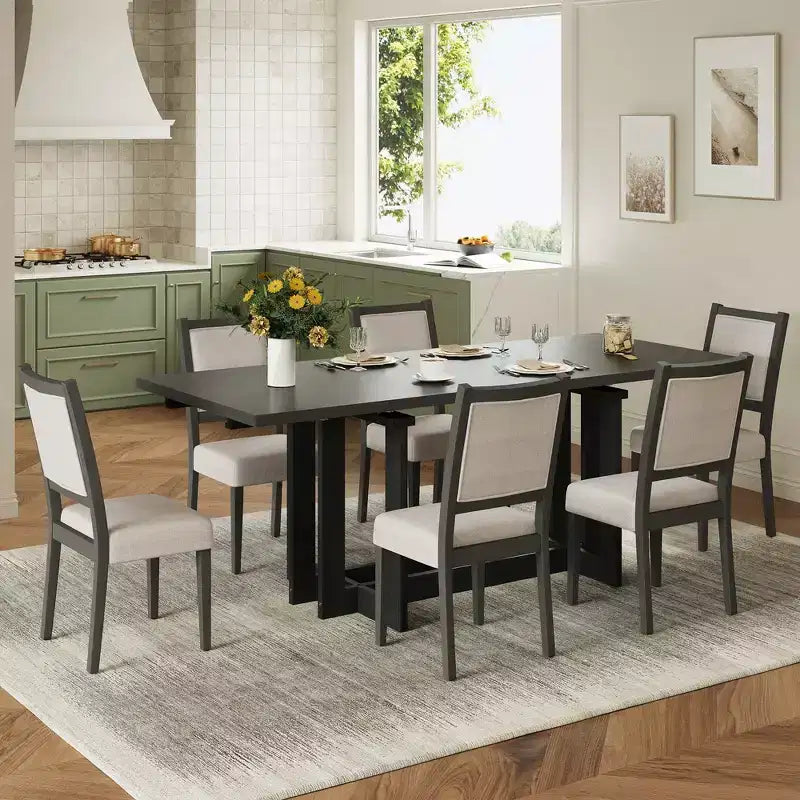 Whisen 7-Piece Rustic Extendable Dining Table Set, 82 Trestle Kitchen Table & 6 Upholstered Dining Chairs with Rubber Wood Legs