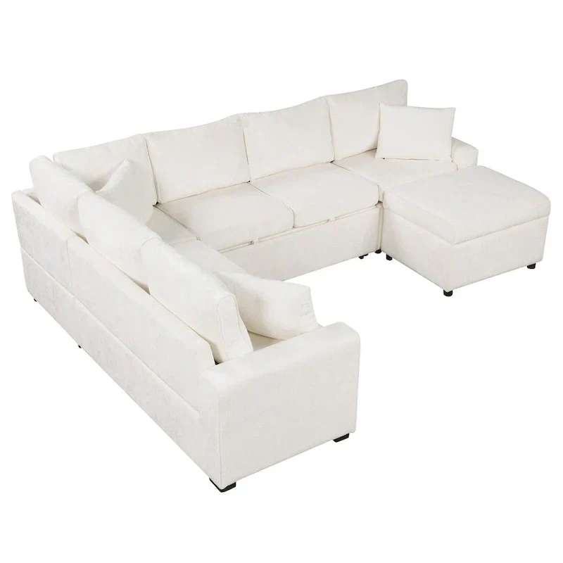 Chenille Sectional Sofa Pull-out Sofa Bed, L-Shape Sleeper Sofa with Storage Ottoman, 3 Pillows and Charging Devices